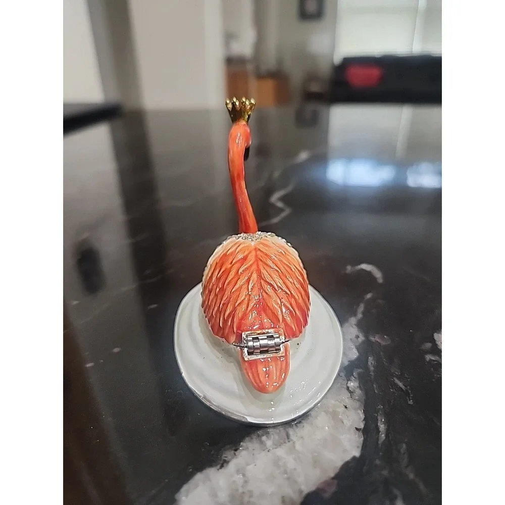 Flamingo Trinket Box Enamel Magnetic Hinged Rhinestone Bird Ring Box